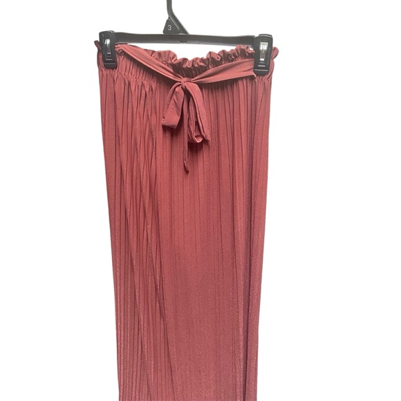 Mauve Ribbon Tie Chiffon Palazzo Pants - Pleated Wide Leg, Boho Chic, Size S - Picture 2 of 6